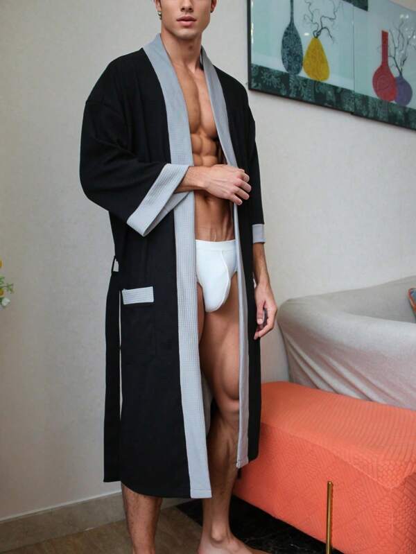 Men's Mid-Length Sleeve Colorblock Pocket Bathrobe Pajama Robe