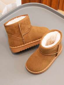 1 Pair Girls' Winter Faux Suede Patchwork Thick Sole Slip-On Warm Snow Boots, Cute Children Boots
