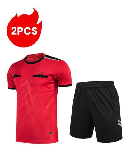 2pcs Sports Referee Uniform, Football, Badminton, Table Tennis Training Breathable Short Sleeve T-Shirt + Quick Dry Sports Shorts With Pockets, Suitable For Training, Matches And Activities, Elastic Waist Pants
