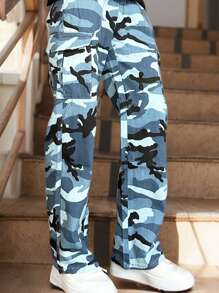 Tween Girls Camo Print Flap Pocket Cargo Pants, Vintage Loose Drawstring Straight Leg Jeans