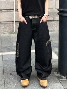 1 chiếc quần jeans ống rộng dáng suông thời trang họa tiết da báo dành cho nam, phong cách đường phố (không bao gồm thắt lưng và phụ kiện) - màu đen - Xem 7