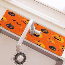 1pc Halloween Themed Faucet Mat - Ghost And Pumpkin Pattern, Absorbent Polyester Drain Mat, Suitable For Kitchen And Bathroom Sink, Waterproof Slip-Resistant Surface Protection