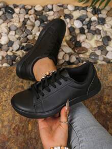 Women's Wide Toe Box Athletic Shoes, Minimalist Style, Synthetic Leather Patchwork Decor, Front Lace-Up Barefoot Shoes, Suitable For Outdoor Sports - Black - View 6