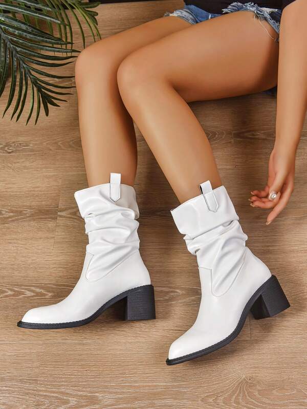 Women's High Heel Pleated Knee-High Boots, Slip-On Faux Leather Tall Boots, Fashionable For Dress With Black Color