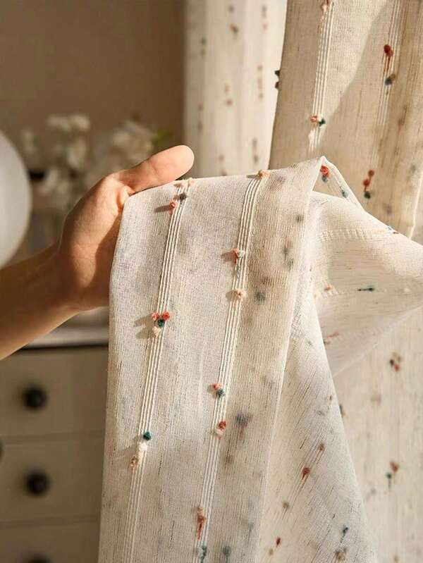 1 pieza Cortina de lino transparente con estilo vintage y decoración de abalorios de caramelos con diseño de bolsillo para varilla, fácil de colgar, adecuada para dormitorio, sala de estar, decoración de oficina (tela de 130g/m²)