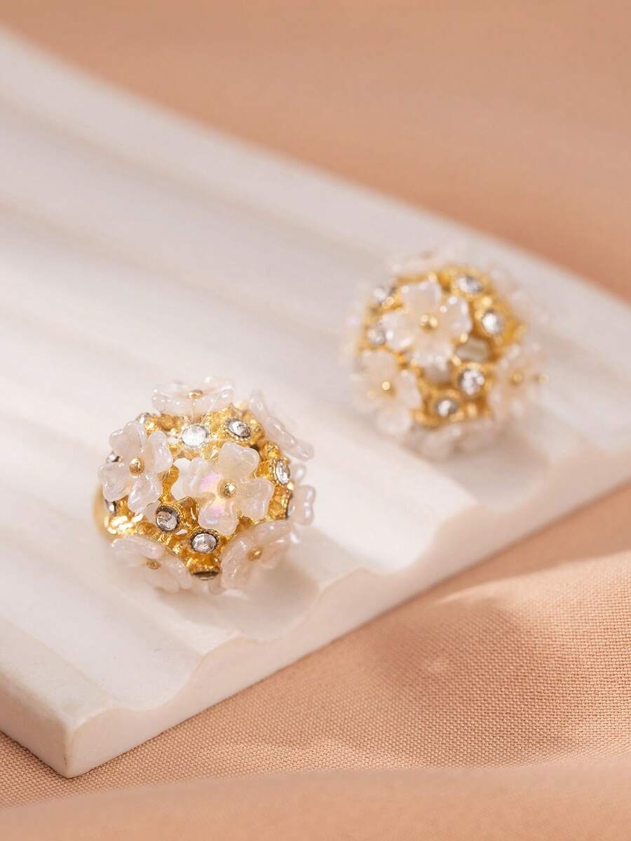 1 Pair Fashionable & Elegant Flower Ball Encrusted Zirconia Stone Earrings For Women, Suitable For Daily Wear, Party, Banquet - Multicolor - View 1