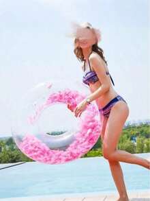 Swimming Ring Swim Ring Summer Beach Swim Circle Float Water Pool Party Inflatable Swimming Ring Float Transparency Feather Ring, Beach Essentials, Beach Accessories - Pink - View 6
