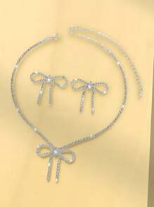 3 pezzi Set di collana girocollo e orecchini con fiocco di cristallo e strass per donne, orecchini a fiocco in argento e zirconia luccicanti per spose, matrimoni, feste e accessori eleganti per San Valentino