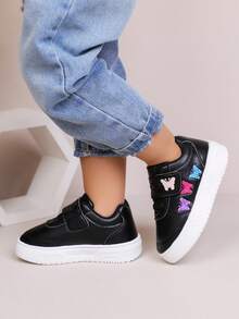 1 双新款秋季白色蝴蝶刺绣运动鞋，简约而优雅，方便的钩环闭合，适合女孩的校园风格运动鞋 - 黑色 - 查看 5