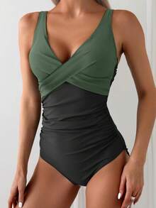 Women's One-Piece Swimsuit, Tummy Control, Criss-Cross Backless V-Neck Slimming Swimwear - Army Green - View 5