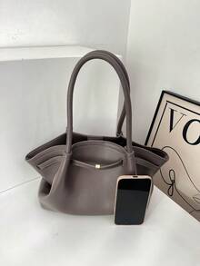 Bolsa de ombro feminina de cor sólida, 1 peça, moda retrô, grande capacidade, design com duas alças, fecho de pressão, adequada para viagens - Cinza - Ver 4