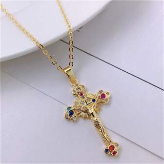 1 pieza Collar con colgante de cruz de circonita micro-incrustada, collar de cobre enchapado en oro de 14K, regalo de cumpleaños para mujeres, adecuado para uso diario