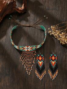 手工串珠流苏项链套装 - 波西米亚风格项链搭配复古色流苏吊坠，配套流苏耳环，女士时尚配饰，可调节绿色项链，适合日常和节日穿着，2025 年夏季新品系列，馈赠佳品 - 套裝 - 查看 2
