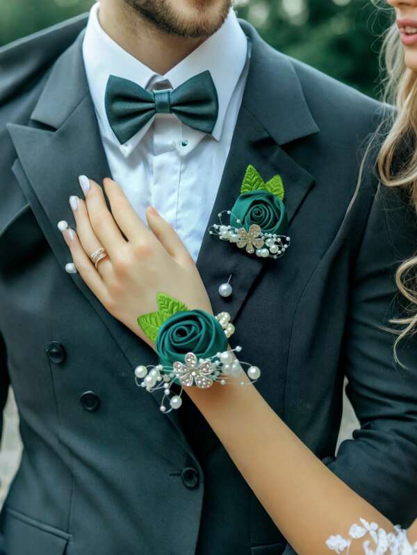 New Rhinestone Satin Rose Wrist Corsage & Brooch, Wedding Party Prom Accessories