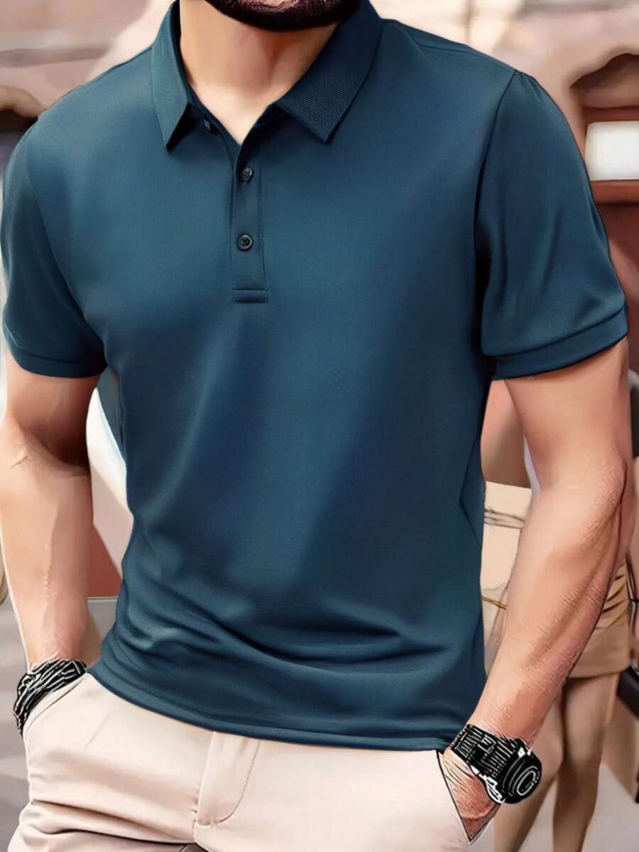 男士休闲轻薄透气纯色短袖Polo衫，适合夏季商务、通勤和日常穿着。 - 孔雀藍 - 查看 1