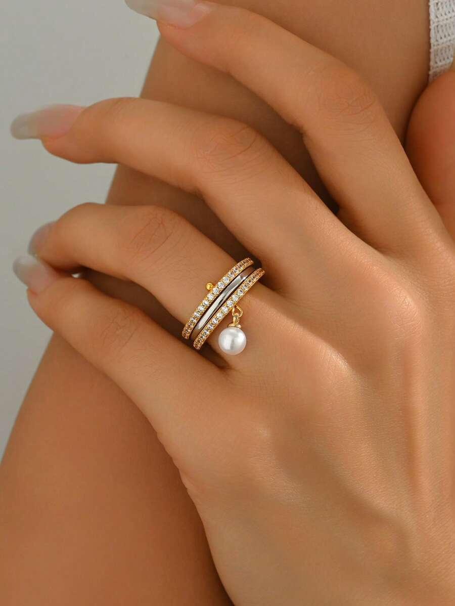 1pc Fashionable Faux Pearl Pendant Adjustable Stacking Rings For Women, Engagement, Wedding, Party, Eid Festival Gift