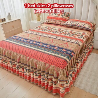 3件套亲肤柔软迷人花卉印花床裙套装（1件床裙+2件枕套），吸湿排汗，透气，抗皱，四季皆宜，印花精美，时尚优雅，适用于卧室和酒店