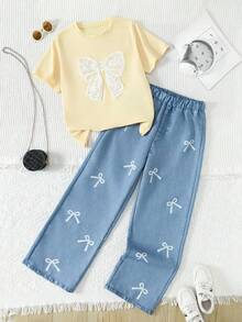 2件套青少年女孩休闲蝴蝶印花短袖T恤和直筒裤套装
