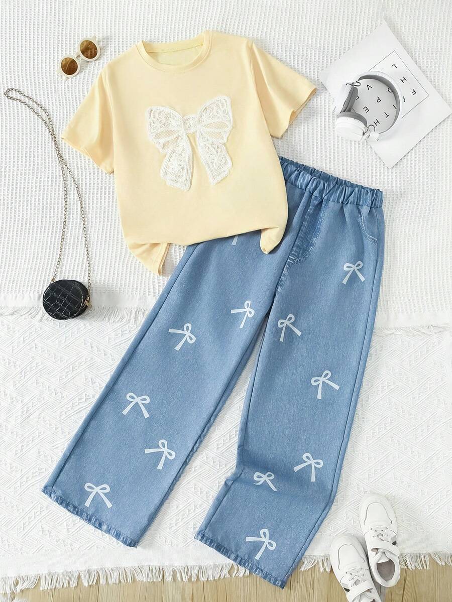 2件套青少年女孩休闲蝴蝶印花短袖T恤和直筒裤套装
