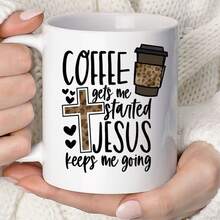 1pc 11oz Ceramic Mug - "Coffee Lets Me Start, Jesus Keeps Me Going", Inspirational Christian Gift - White - View 1