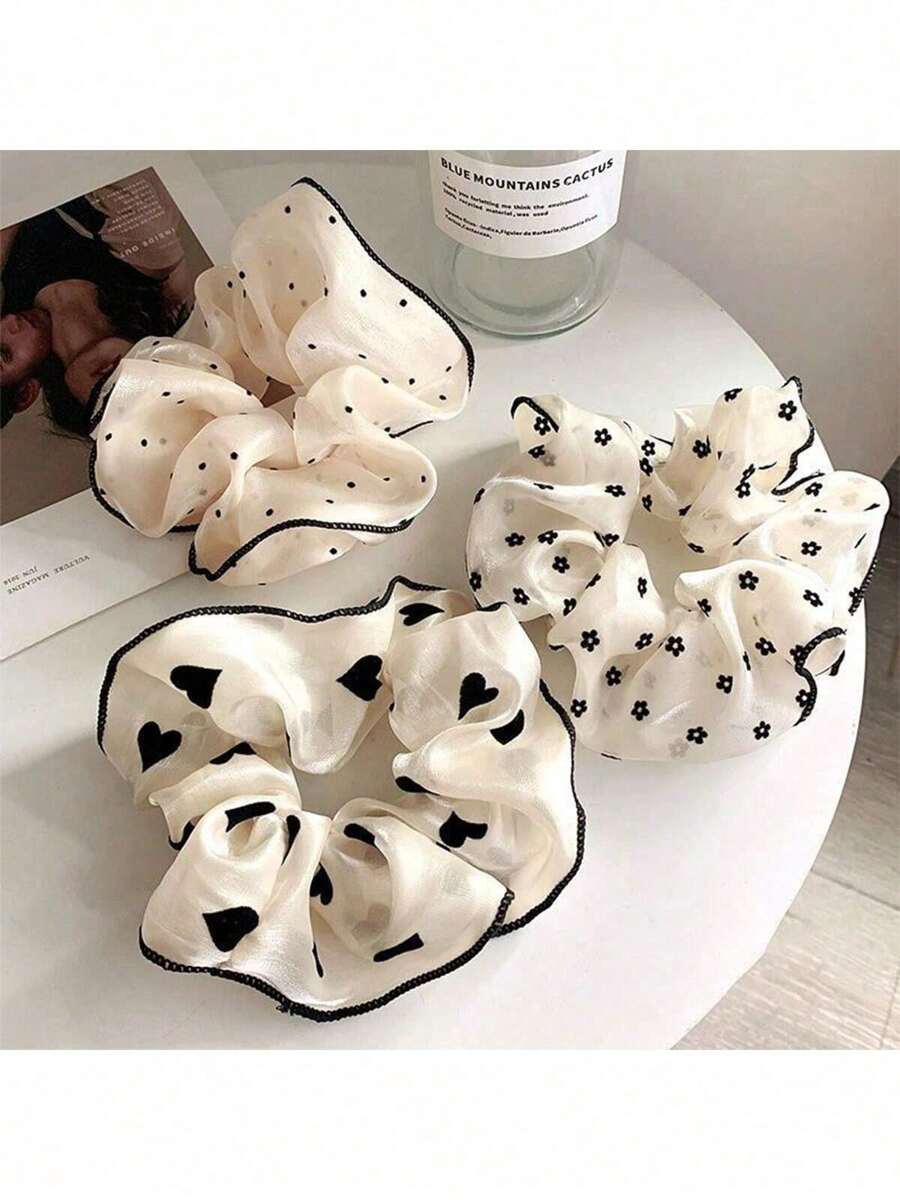 3pcs Set - Colon Hair Scrunchies, Heart Shaped Chiffon Crop Top, Round Dot Patterned Accessory Pack For Women, Hair Ties, Scrunchy Hair Ties, Hair Bobbles, Washing Face, Hair Accessories ,Head Piece