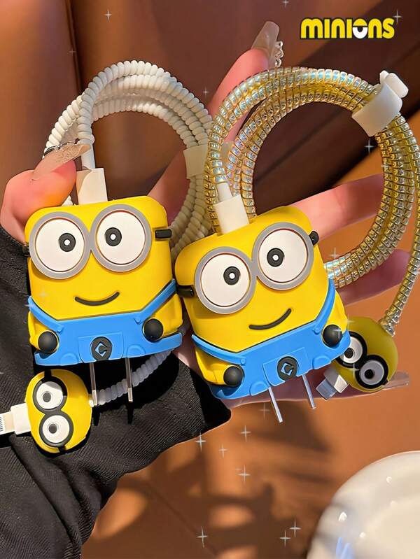 Minions 1 علبة واقية ذات شخصية الوصيف ، متوافقة مع آبل 20 وات ، مصنوعة من مادة السيليكون ، لا تحتاج إلى مصدر طاقة ، ملحق شاحن فريد ، خيارات لونين مزدوجين ، غطاء حماية الشاحن مناسب ومتوافق مع كابل بيانات الطالب 20 وات آبل المضاد للعض