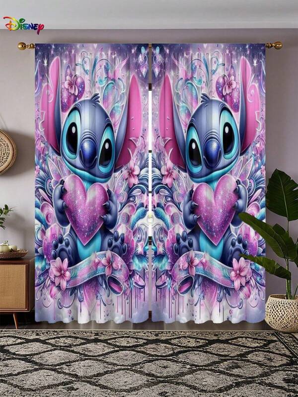 Disney 2pcs Stitch Printed Blackout Curtains With Pole Pocket Design, Anti-Fading Polyester, Vibrant Cartoon Pattern, Lightweight & Durable, Perfect For Bedrooms, Living Rooms, Offices - All Seasons Use, Allseason Curtains | Character Themed Room | Lightweight Fabric