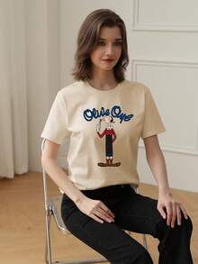 Popeye 1 件女童休闲印花圆领短袖 T 恤，夏季学生青少年服装 - 一件引人注目的 T 恤，为每个孩子带来欢乐和幸福！ - 杏色 - 查看 2