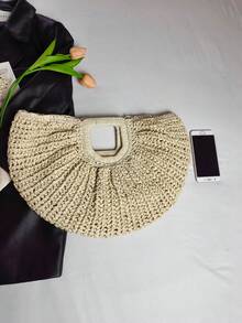 2025新款半圆形特殊手柄草编手提包，独特手工手柄设计，非常适合夏日海滩旅行 - 米色 - 查看 7