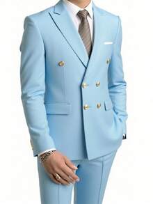 Set de 2 piezas Traje de negocios slim fit de color liso y elástico para hombres, que incluye blazer doble botonadura y pantalones, conjunto formal de trabajo - Celeste - Ver 1