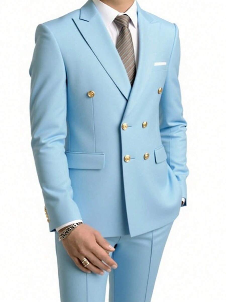 Set de 2 piezas Traje de negocios slim fit de color liso y elástico para hombres, que incluye blazer doble botonadura y pantalones, conjunto formal de trabajo - Celeste - Ver 1