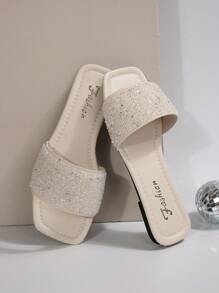 Women's One-Toe Crystal Decor Sandals, Casual Versatile Outdoor Plastic Flat Slippers