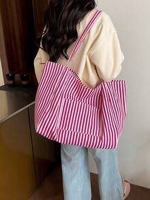 条纹休闲大容量简约购物手提袋，适合购物、度假、大学