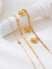 3pcs/Set Summer Beach Gold Wheat Chain Flower Heart Pendant Anklet, Elegant Jewelry Suitable For Vacation Travel - Yellow Gold - View 5