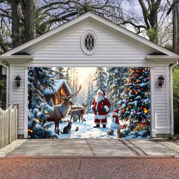[Christmas Garage Door Banner] 1pc Polyester Christmas Garage Door Banner - Holiday Wall Decor With Santa Claus And Reindeer In Snowy Scene, Suitable For Outdoor Decoration During Holiday Season