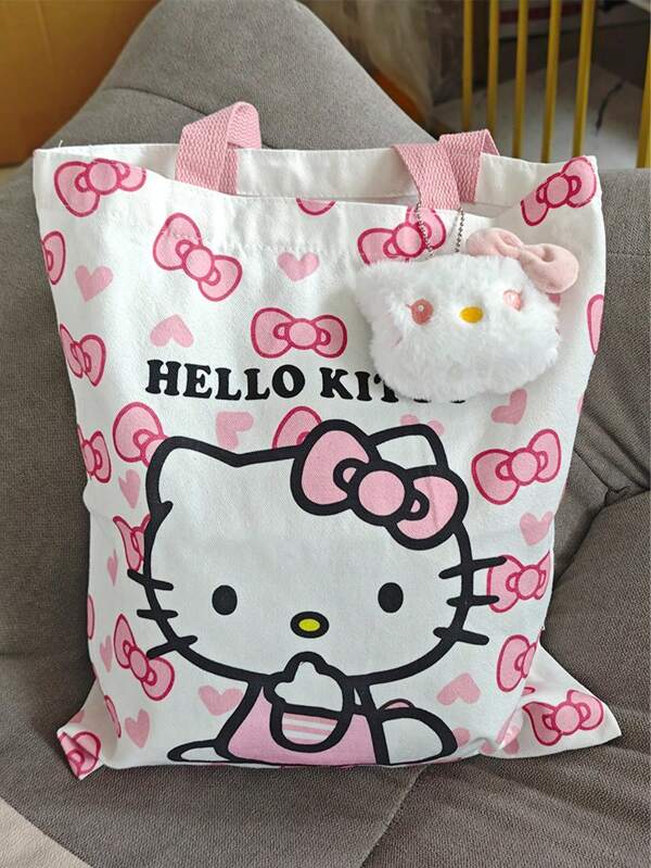 Sanrio Sanrio Cartoon Kitty Canvas Bag, Fresh Casual Shoulder Slung Handbag For Students, Large Capacity Tote Bag For School And Commute, Shoulder Bag, Tote Bag, Beach, Travel, Camping, Outdoor, Makeup, Graduation, Wedding, Birthday Gift, Campus, Hello Kitty,Christmas, Halloween, Thanksgiving Gifts, Easter Gifts