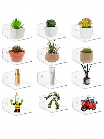 1/2/4/6件亚克力小型粘贴式壁架，迷你悬浮式壁架，亚克力展示架，壁挂式收纳架，适合摆放热门人物、植物、图片和照片的现代壁架，适用于办公室、卧室和客厅装饰。（1件展示架附带两颗螺丝和两块强力胶，产品有保护膜，撕掉更亮）