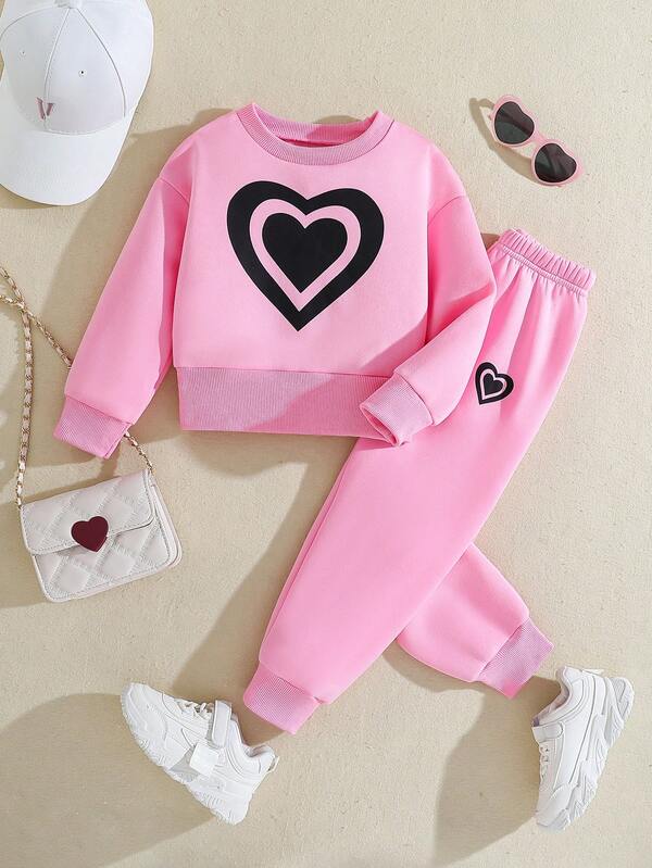2 Stücke/Set Mädchen Verdickte Warme Langarm Sweatshirt Oberteil und Hose Anzug, Süßes Herz Grafik Muster, Rippenbündchen, Lässiger Sportlicher Stil, Herbst/Winter