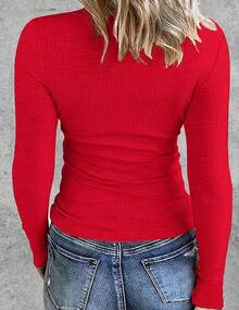 Women Long Sleeve Stretch Crewneck Rib T-Shirt Slim Fit Casual Basic Tops S-XXL - 紅色 - 查看 4