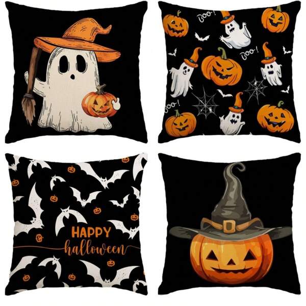 4pcs Halloween Pillow Covers, Cute Cartoon Ghost Pumpkin Halloween Decor, Bat Spider Web Pattern Pillowcases, Suitable For Party, Home Sofa Decor, Halloween Gift (No Pillow Insert)