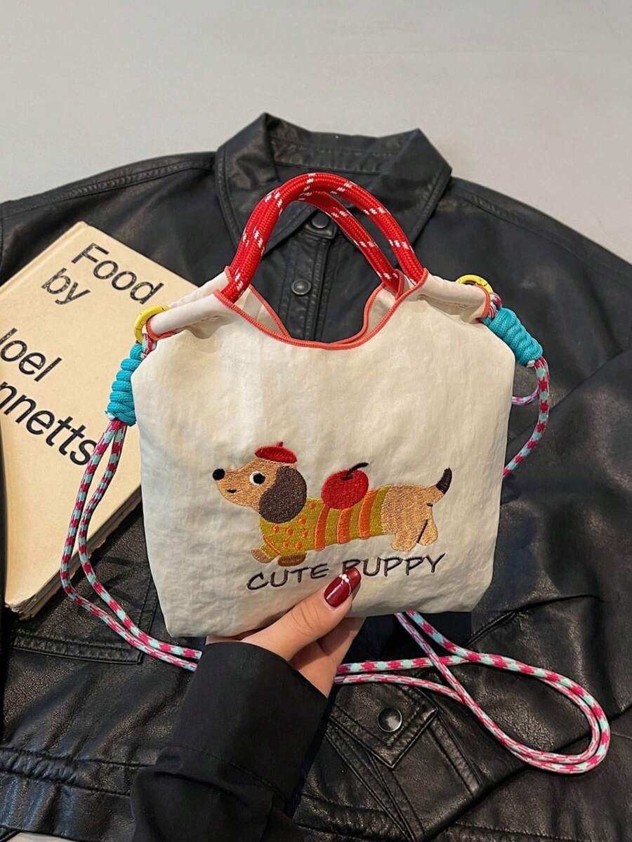 时尚女士手提包，新款单肩包，小众设计，休闲斜挎包，简约时尚手提包，舒适尼龙面料，纯色设计，刺绣装饰，开口设计，可调节和可拆卸肩带，宽敞时尚水桶包 - 白色 - 查看 1