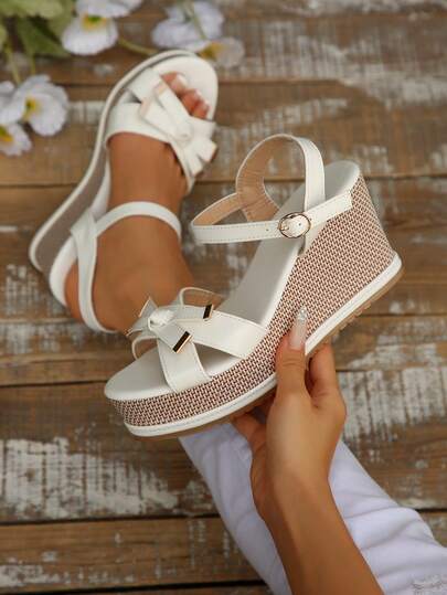 大码女士交叉绑带蝴蝶结亚麻绳防水坡跟凉鞋