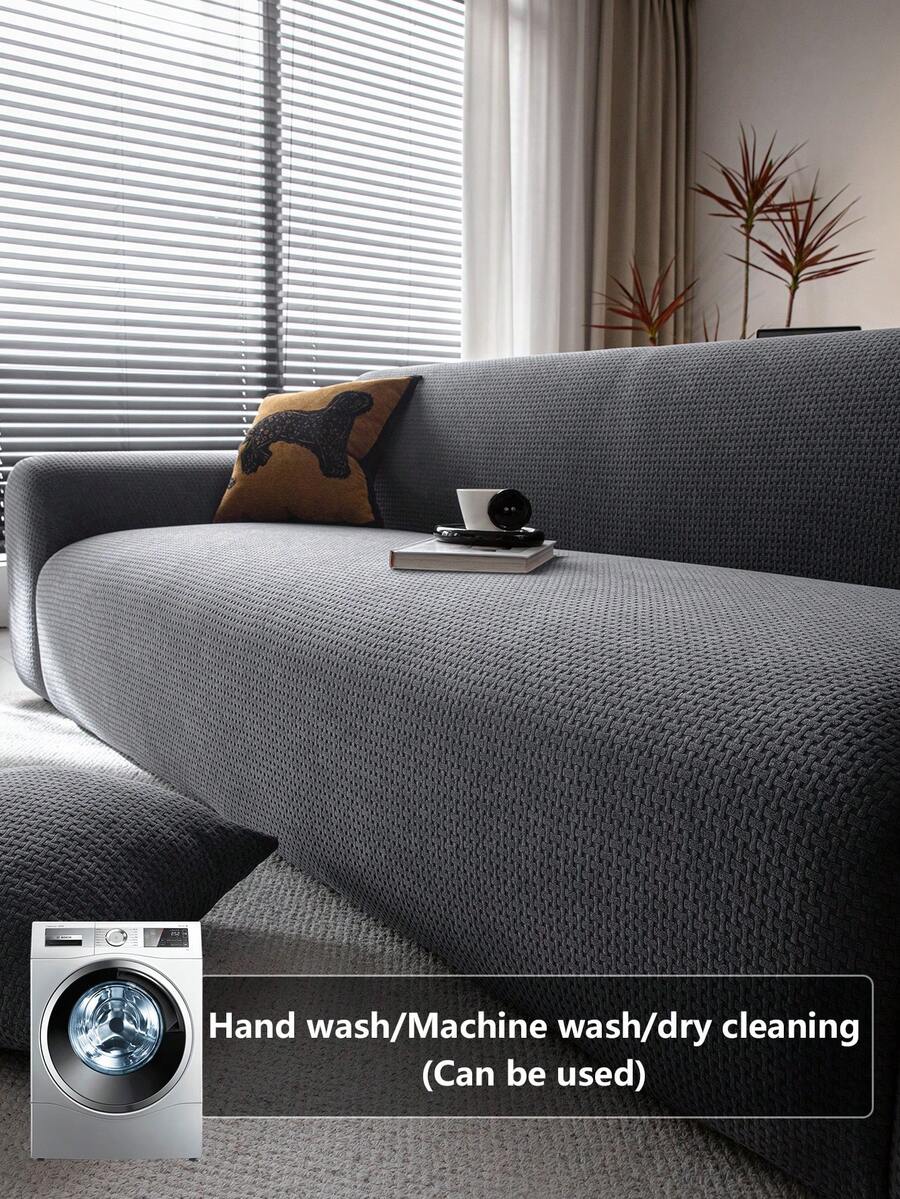 1pc Plush Fabric Jacquard Sofa Slipcover, Solid Color Sofa Protector, Pet Friendly Anti-Slip Anti-Dirt Anti-Scratch, Suitable For All Seasons, Stretchy Machine Washable For 1/2/3/4 Seater Sofa, Liquid Spill Proof - Dark Grey - View 1