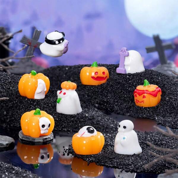9pcs Halloween Pumpkin, Ghost & Goblin Miniature Decorative Items For Desktop Ornament