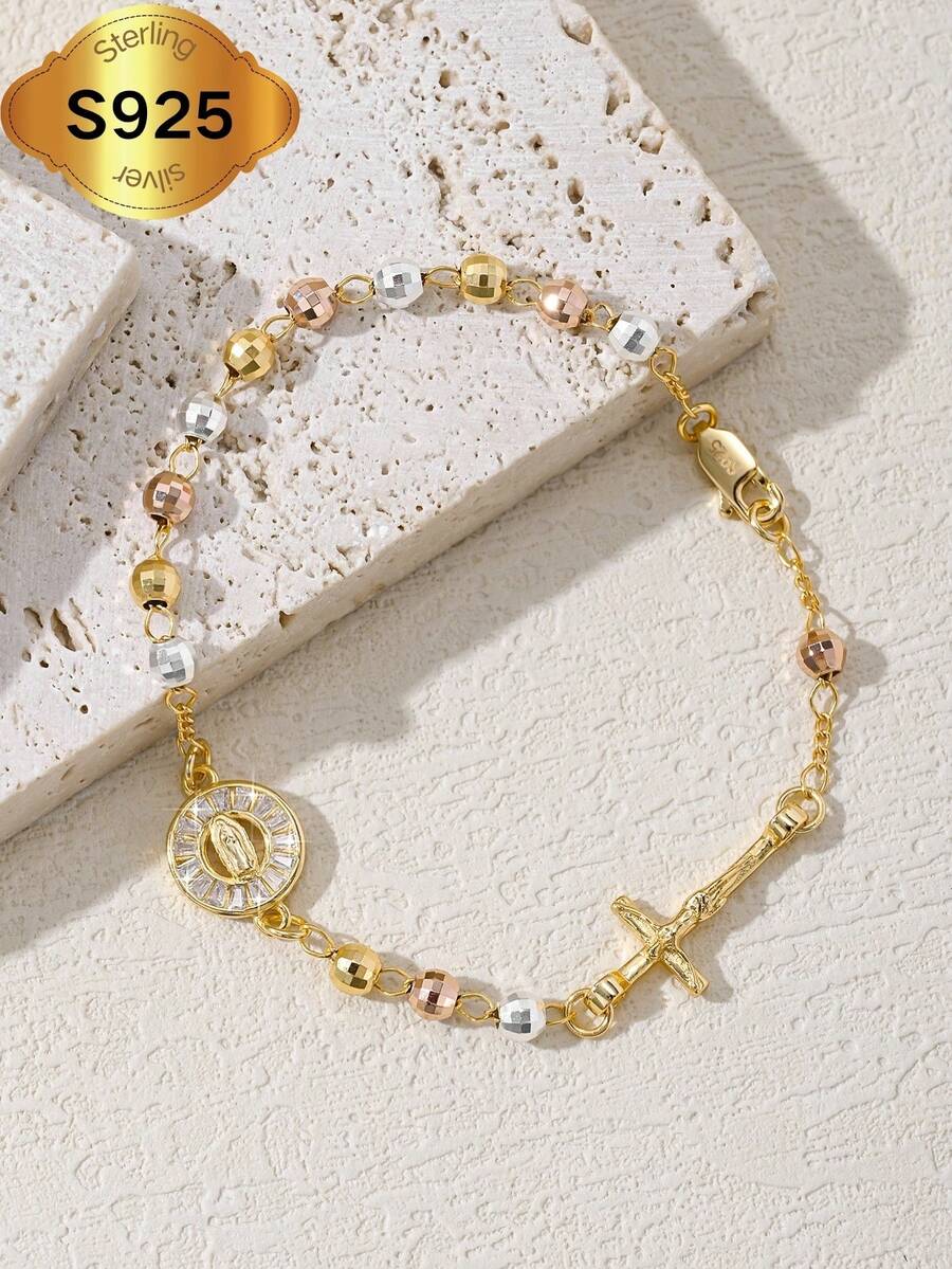 1 件 2025 年新款 S925 银防过敏三色电镀一体式雕刻瓜达卢佩圣母十字架耶稣手工玫瑰经手链，配有豪华抽屉礼品盒和提手袋，适合母亲节/情人节、情侣、朋友、信徒、初领圣餐、日常佩戴和祈祷