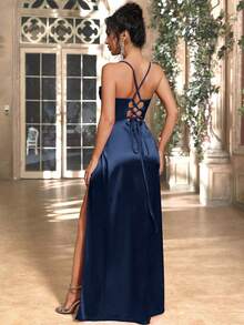 女士优雅海军蓝缎面细肩带荷叶边后系带开衩连衣裙，适合派对、婚礼、伴娘 - 藏蓝色 - 查看 2