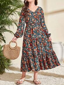 Damen Maxikleid mit V-Ausschnitt und Blumenmuster, Langarm, elegant grün mit lebendigem Blume Muster, Rüschensaum, tailliertes Design, geeignet für Frühling & Herbst, modisch für den Frühling - Verschiedenfarbig - Übersicht 4