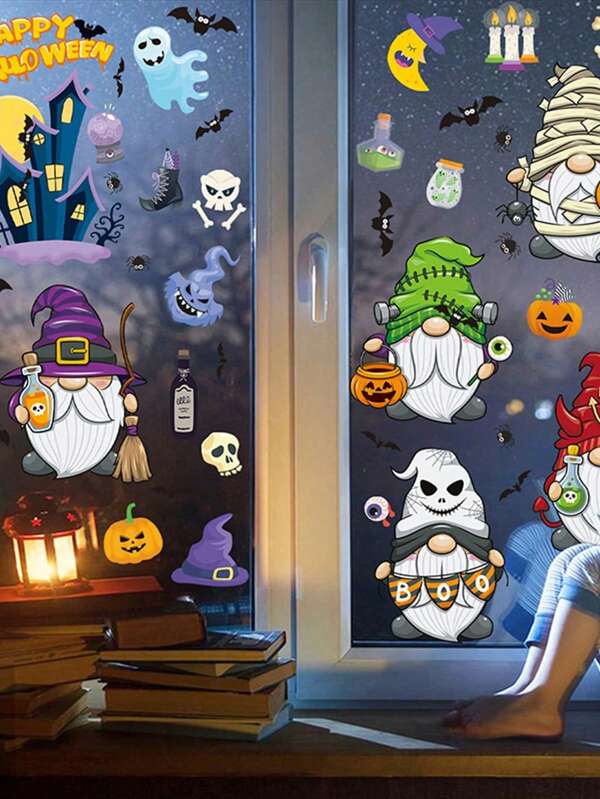 9pcs Halloween Window Stickers, Halloween Window Decorations - Double-Sided Glass Window Stickers, Suitable For Room Parties, Halloween Autumn Party Supplies, Home Glass Decorations, Halloween Decorations