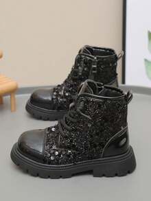1 Pair Girls' Boots, Patent PU + Glitter Material, Comfortable Warm Lining, Front Lace-Up, Side Zipper, Round Toe, Thick Anti-Slip Sole, Casual Fashion Short Boots, Suitable For Daily, Party, School Wear In Autumn/Winter - Black - View 8