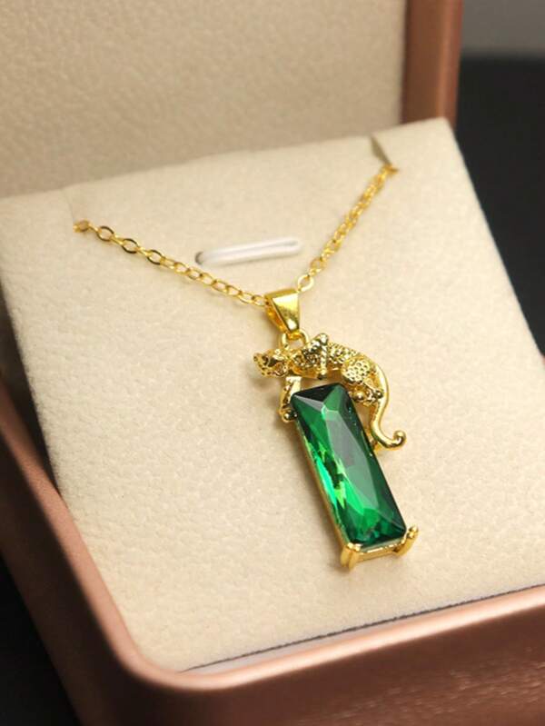 1pc Luxurious Leopard & Green Zirconia Copper Necklace, Party Accessories Gift